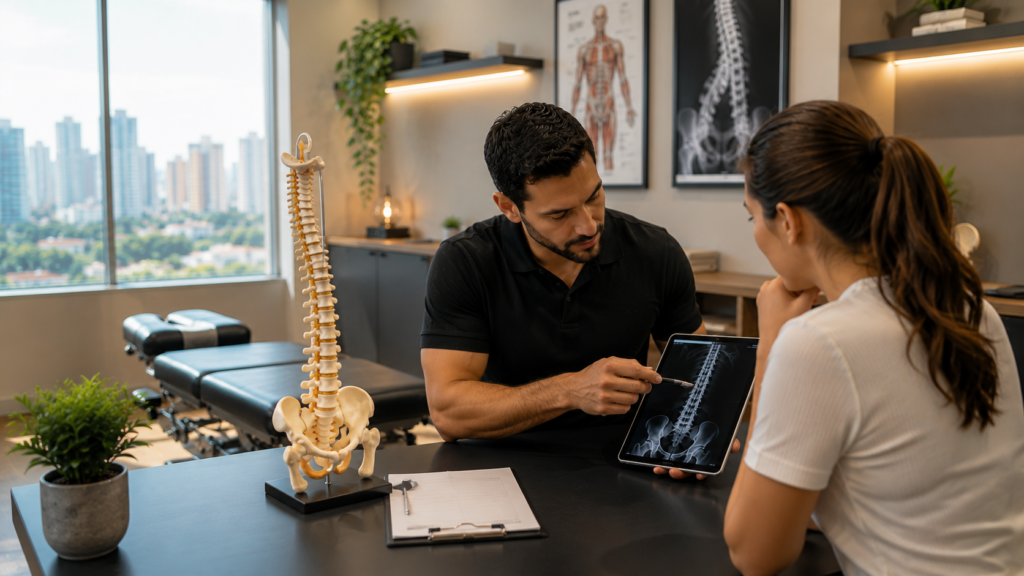 Quiropraxista explicando exame de imagem da coluna vertebral para paciente durante consulta em clínica de quiropraxia em Osasco.