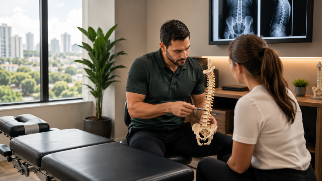 Quiropraxista explicando a anatomia da coluna vertebral para paciente durante consulta em clínica de quiropraxia em Barueri.