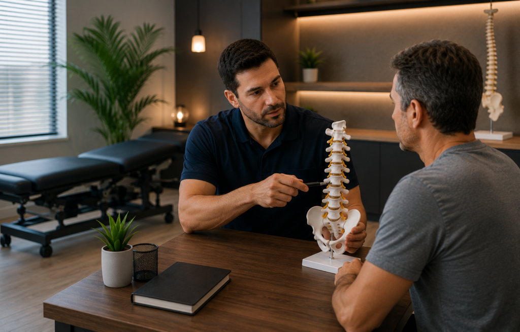 Quiropraxista explicando a estrutura da coluna vertebral a paciente durante avaliação em clínica de quiropraxia.